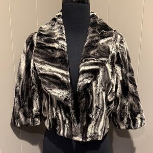 Komarov Women small Black and Gray Faux Fur Jacket Shrug Cropped Cowl Preppy